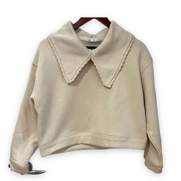 Zara long sleeve cream color top with scalloped color size small - Picture 1 of 9
